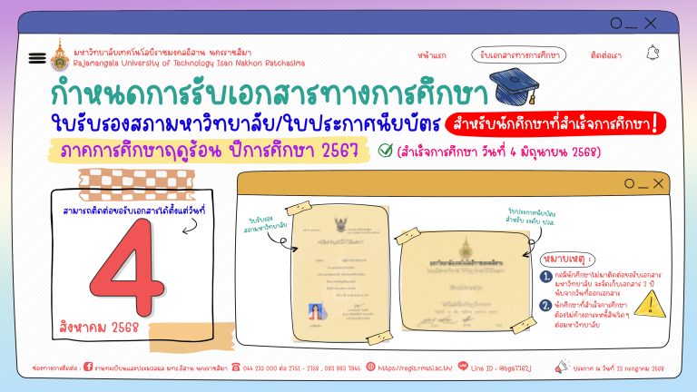 กำหนดการรับเอกสารทางการศึกษา ใบรับรองสภามหาวิทยาลัย/ใบประกาศนียบัตร สำหรับนักศึกษาที่สำเร็จการศึกษา ภาคการศึกษาฤดูร้อน ปีการศึกษา 2567
