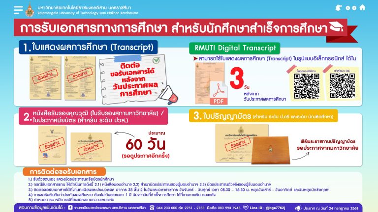 กำหนดการรับเอกสารทางการศึกษา สำหรับนักศึกษาที่สำเร็จการศึกษา