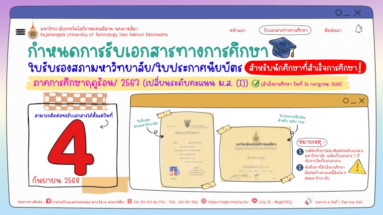 กำหนดการรับใบรับรองสภา/ใบประกาศนียบัตร ภาคการศึกษาฤดูร้อน ปีการศึกษา 2567 (เปลี่ยนระดับคะแนน ม.ส. (I))